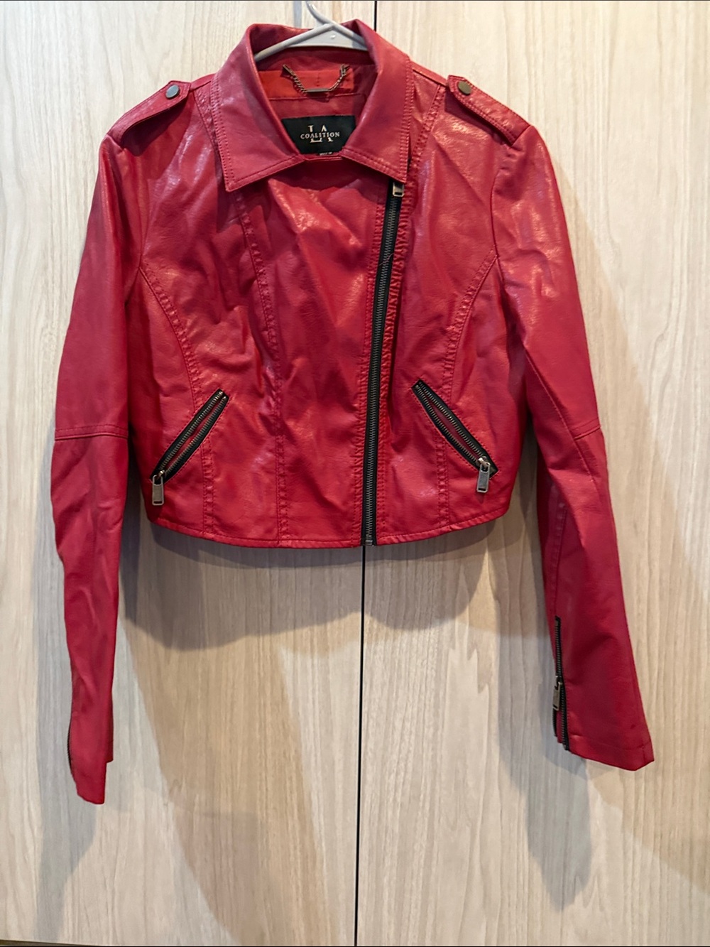 Coalition LA Red Faux Leather Cropped Moto Jacket